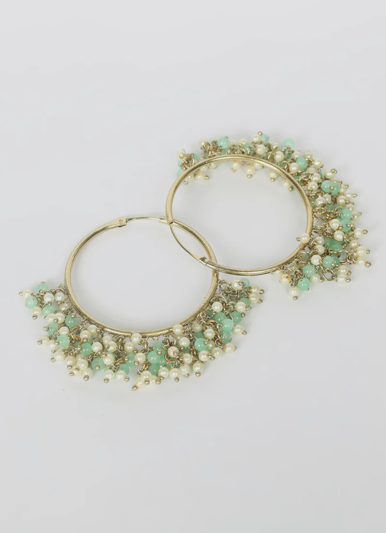 Antique Gold Bali Hoop Earrings with Light Green Beads - Ethnic Jewelry - Image 2