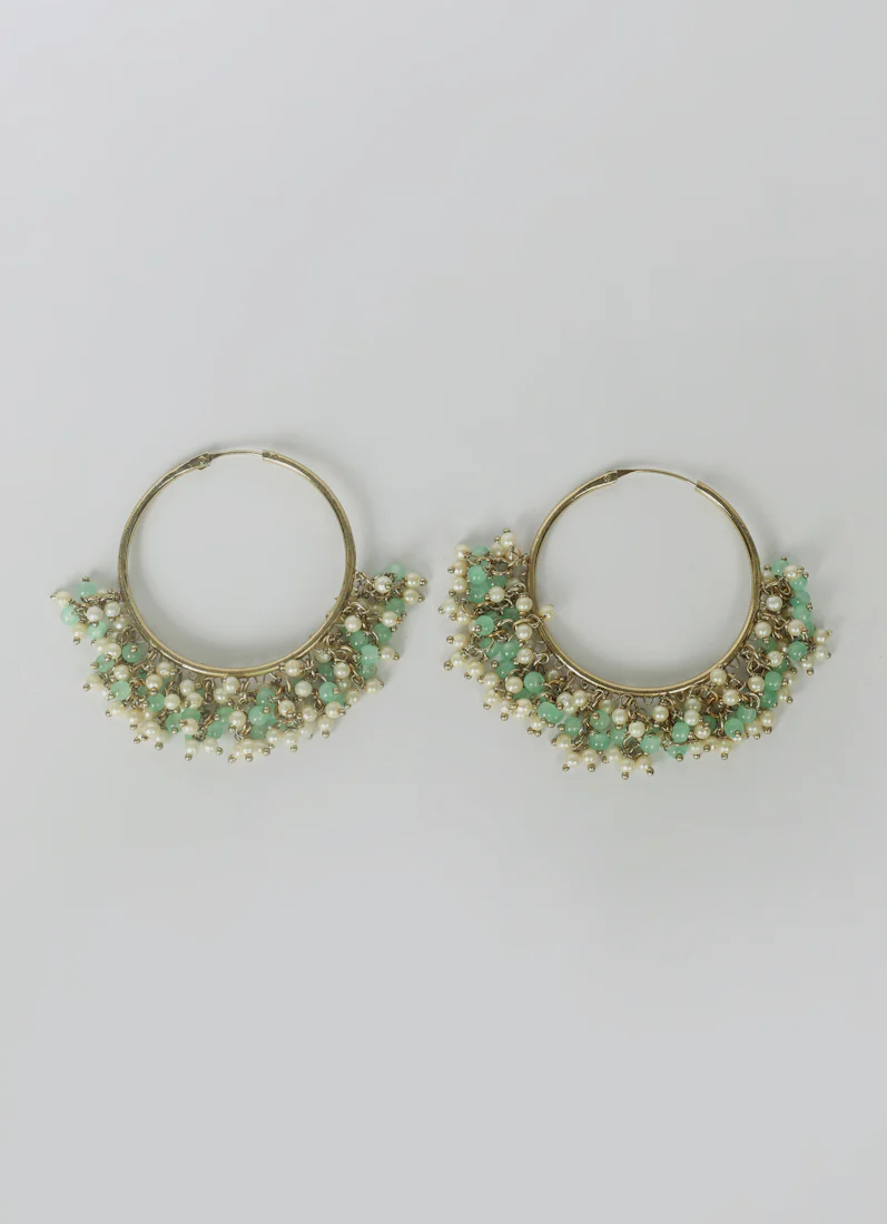 Antique Gold Bali Hoop Earrings with Light Green Beads - Ethnic Jewelry - Image 3