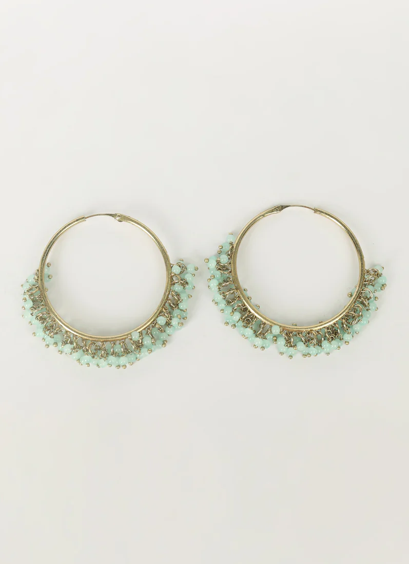 Antique Gold Bali Hoop Earrings with Light Aqua Beads - Image 2