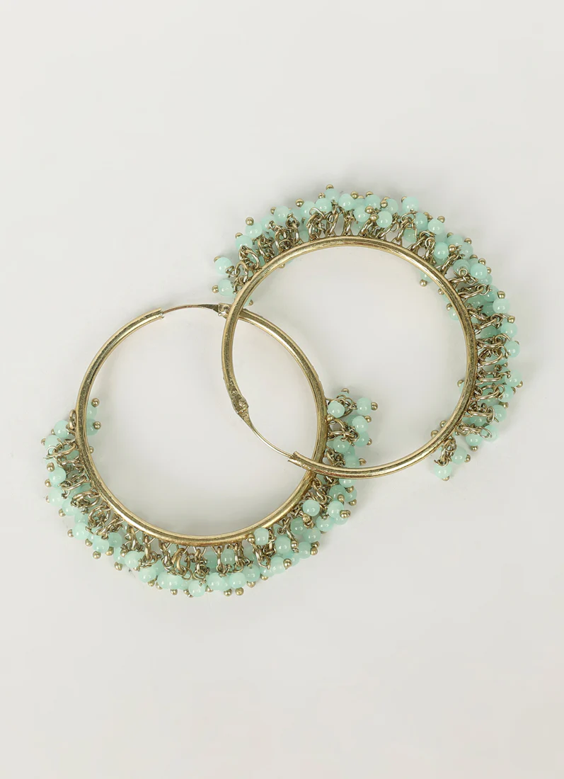Antique Gold Bali Hoop Earrings with Light Aqua Beads - Image 3