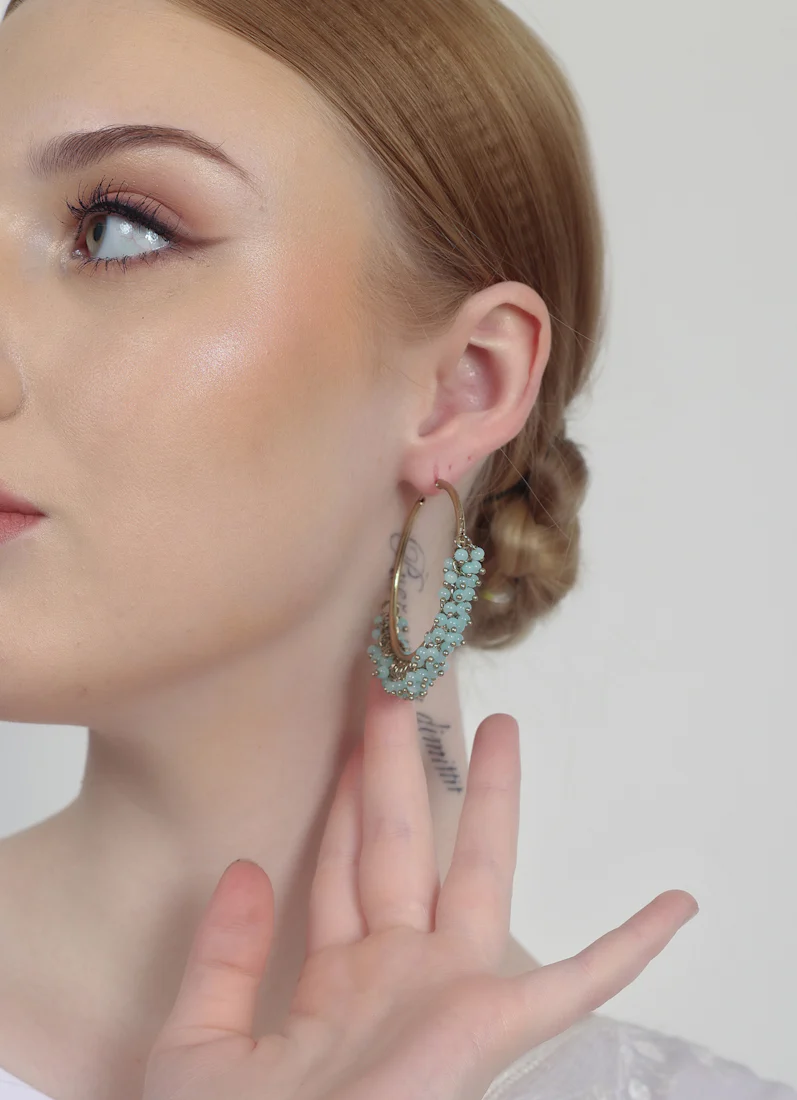 Antique Gold Bali Hoop Earrings with Light Aqua Beads - Image 4
