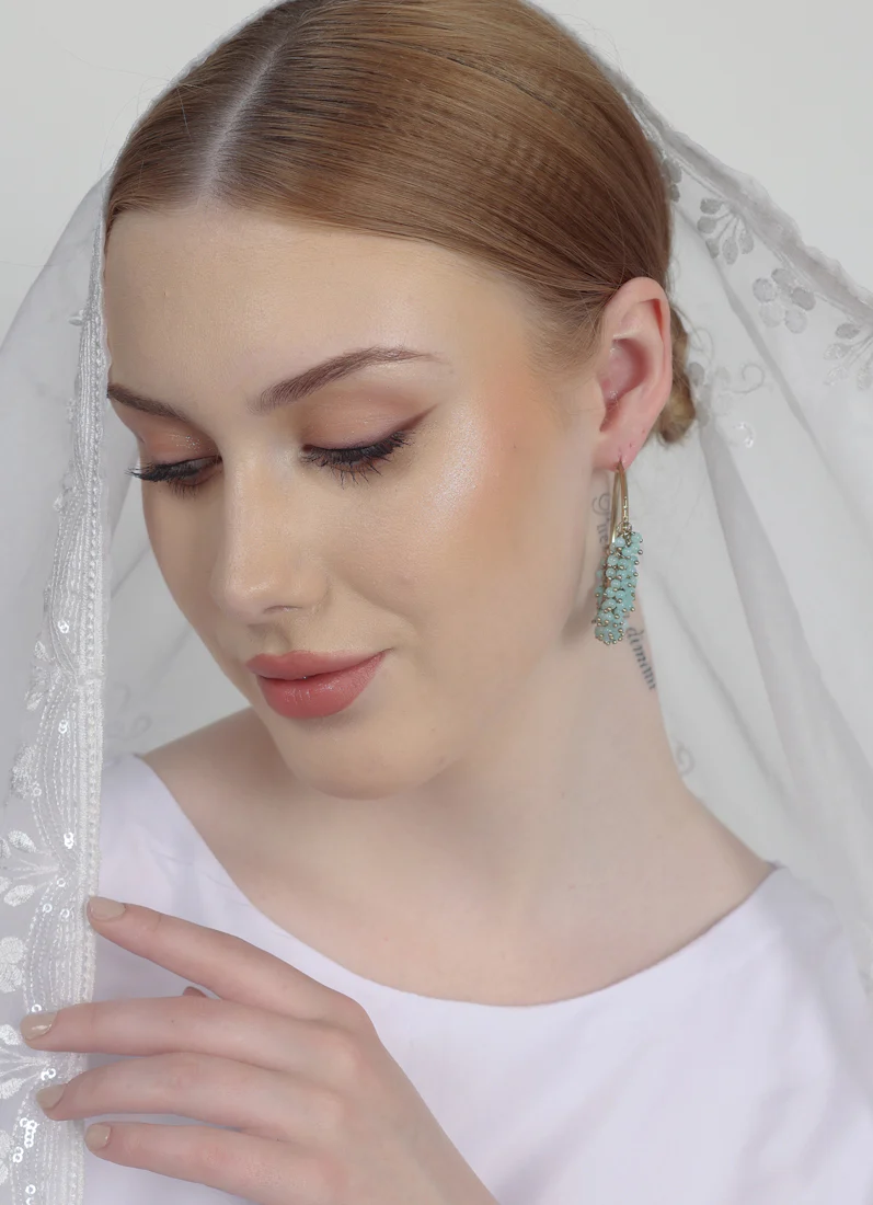 Antique Gold Bali Hoop Earrings with Light Aqua Beads - Image 6