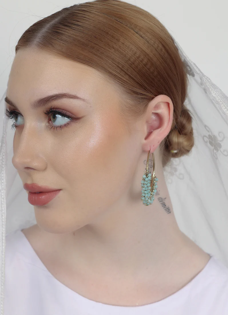 Antique Gold Bali Hoop Earrings with Light Aqua Beads - Image 7