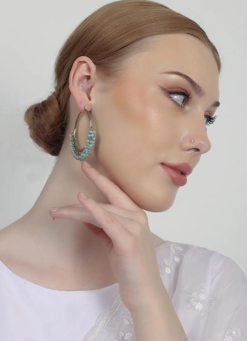 Antique Gold Bali Hoop Earrings with Light Aqua Beads - Image 8