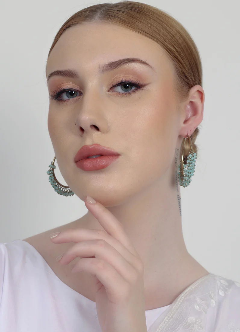 Antique Gold Bali Hoop Earrings with Light Aqua Beads - Image 9