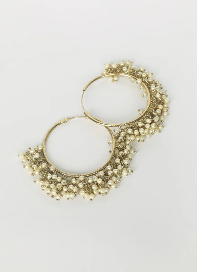 Antique Gold Bali Hoop Earrings with Pearls - Ethnic Jewelry - Image 2