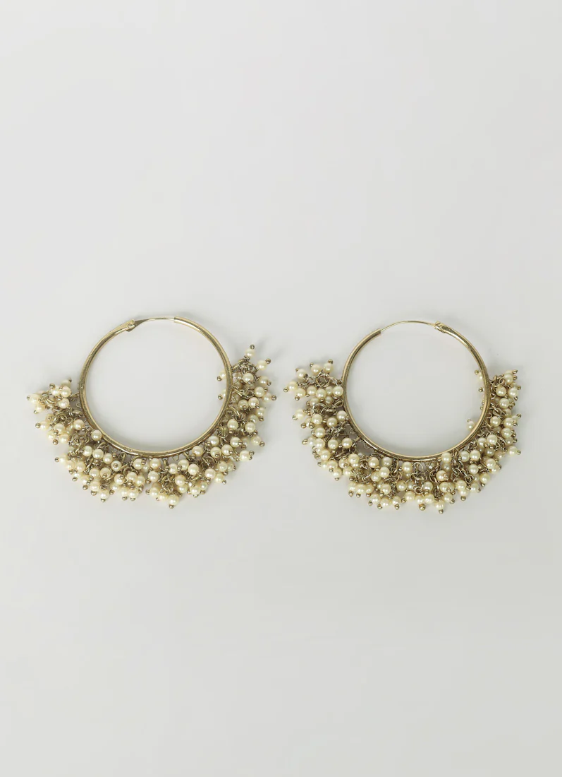 Antique Gold Bali Hoop Earrings with Pearls - Ethnic Jewelry - Image 3