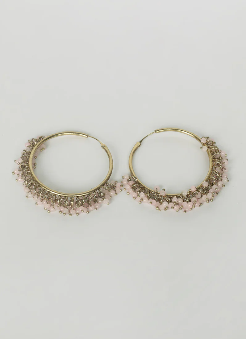 Antique Gold Bali Hoop Earrings with Soft Pink Beads - Image 2