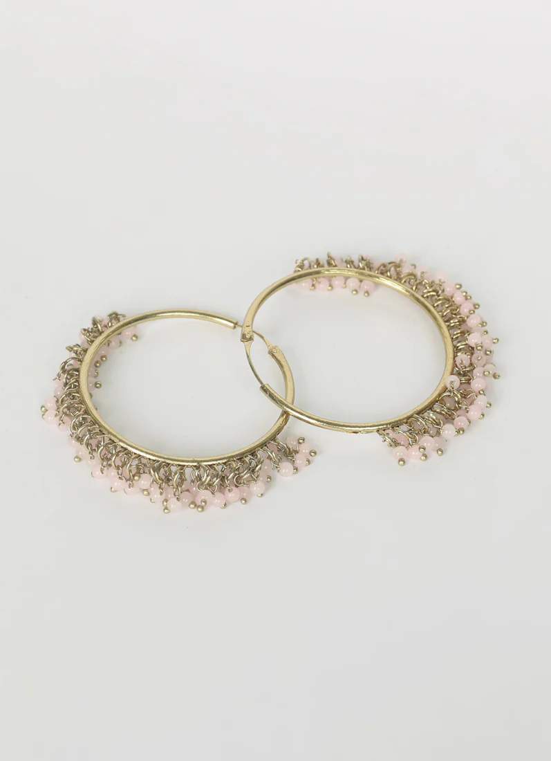 Antique Gold Bali Hoop Earrings with Soft Pink Beads - Image 3