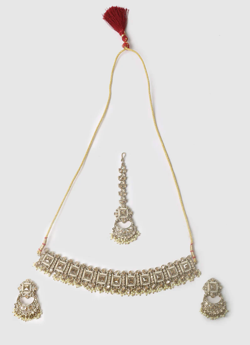 Antique Gold Pearl & Topaz Stone Choker Necklace Set - Image 2