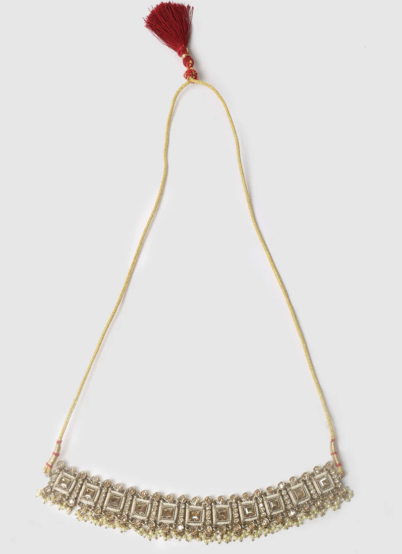 Antique Gold Pearl & Topaz Stone Choker Necklace Set - Image 5
