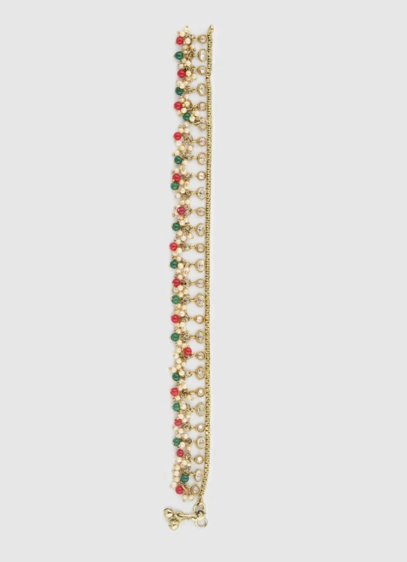 Antique Gold Plated Payal  with Diamonte, Pearls, Rubies & Green Beads - Image 3