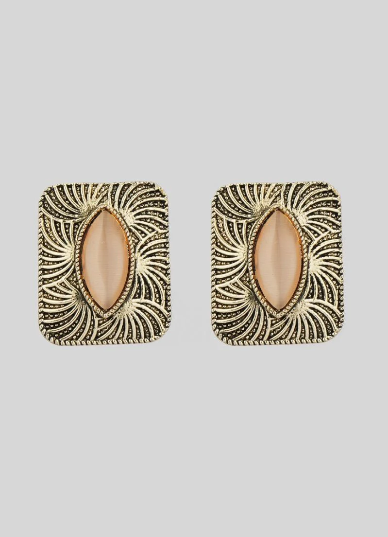 Antique Gold Square Earrings with Peach Cat’s Eye Stone - Image 2