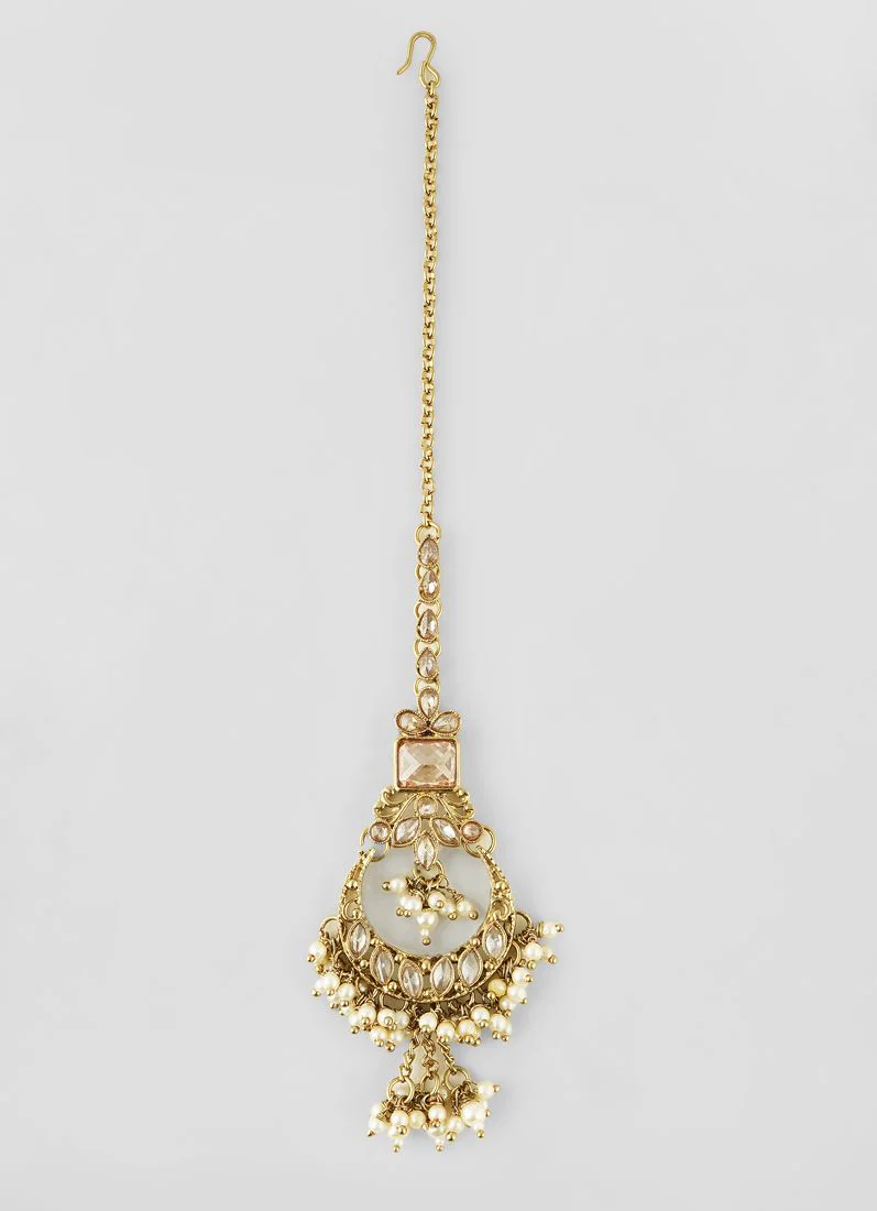 Antique Gold Topaz American Diamond Pearl Necklace Set - Image 4