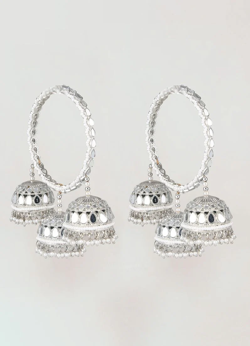 Antique Silver Mirror & Pearl Bangle with Triple Jhumki - Image 2