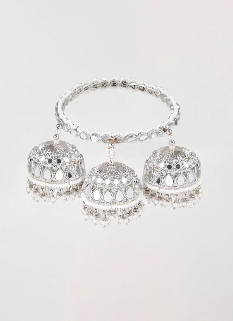Antique Silver Mirror & Pearl Bangle with Triple Jhumki - Image 3