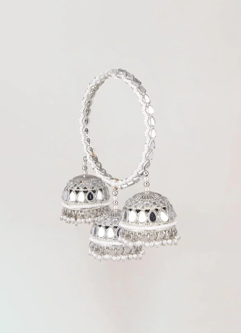 Antique Silver Mirror & Pearl Bangle with Triple Jhumki - Image 4