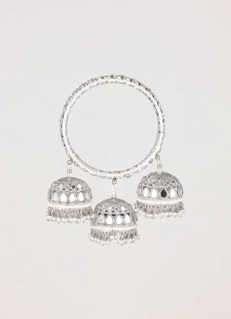 Antique Silver Mirror & Pearl Bangle with Triple Jhumki - Image 5