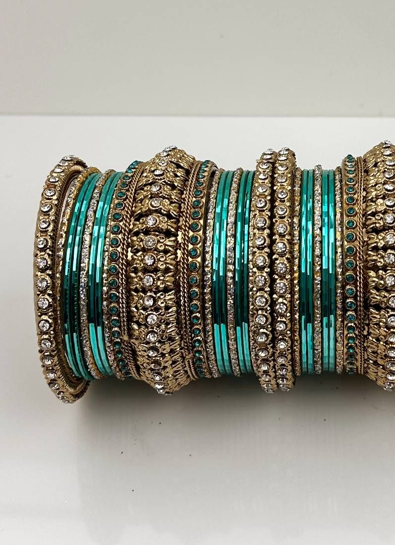 Aqua Green Gold Kara Bangle Set - Image 2
