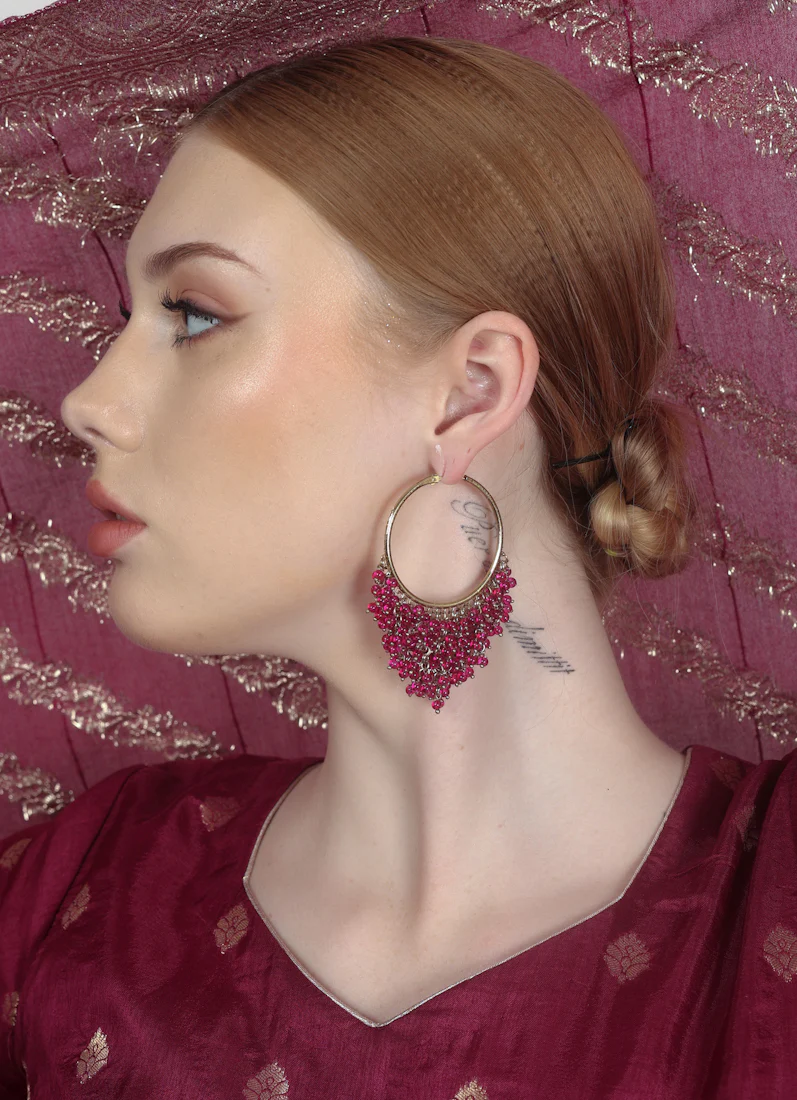 Bali Style Gold Plated Earrings with Wine Beads & Pearls - Image 2