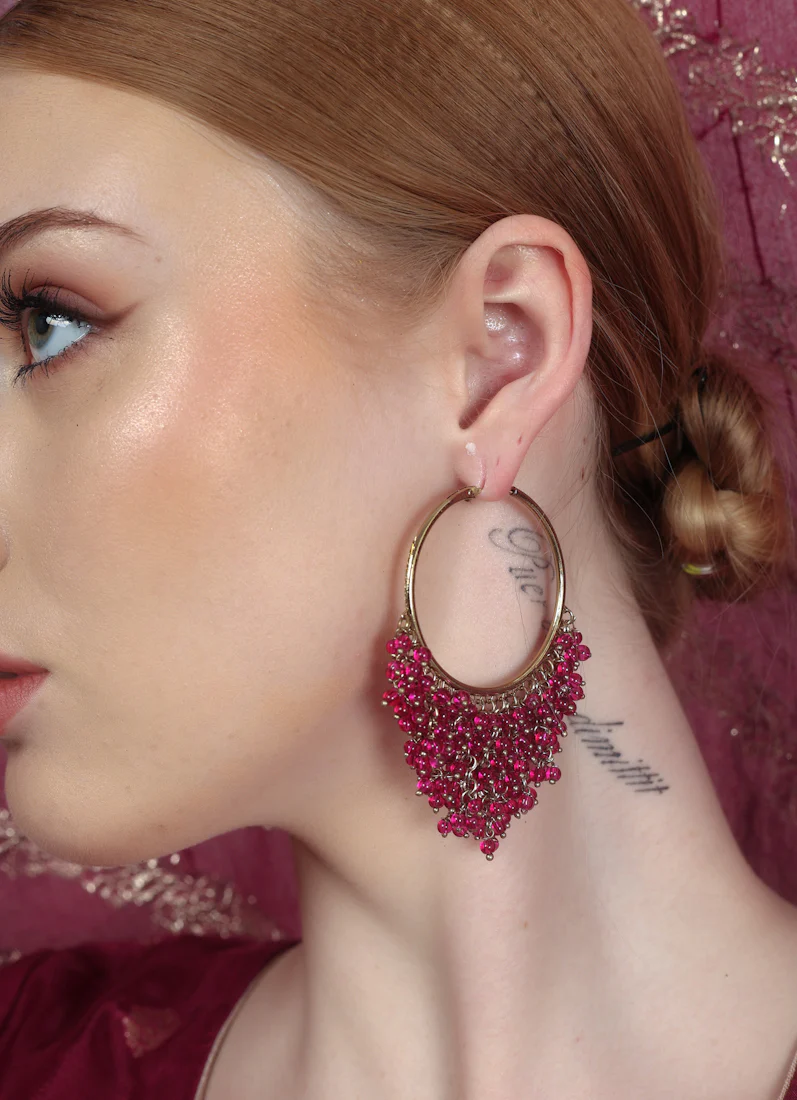 Bali Style Gold Plated Earrings with Wine Beads & Pearls - Image 3