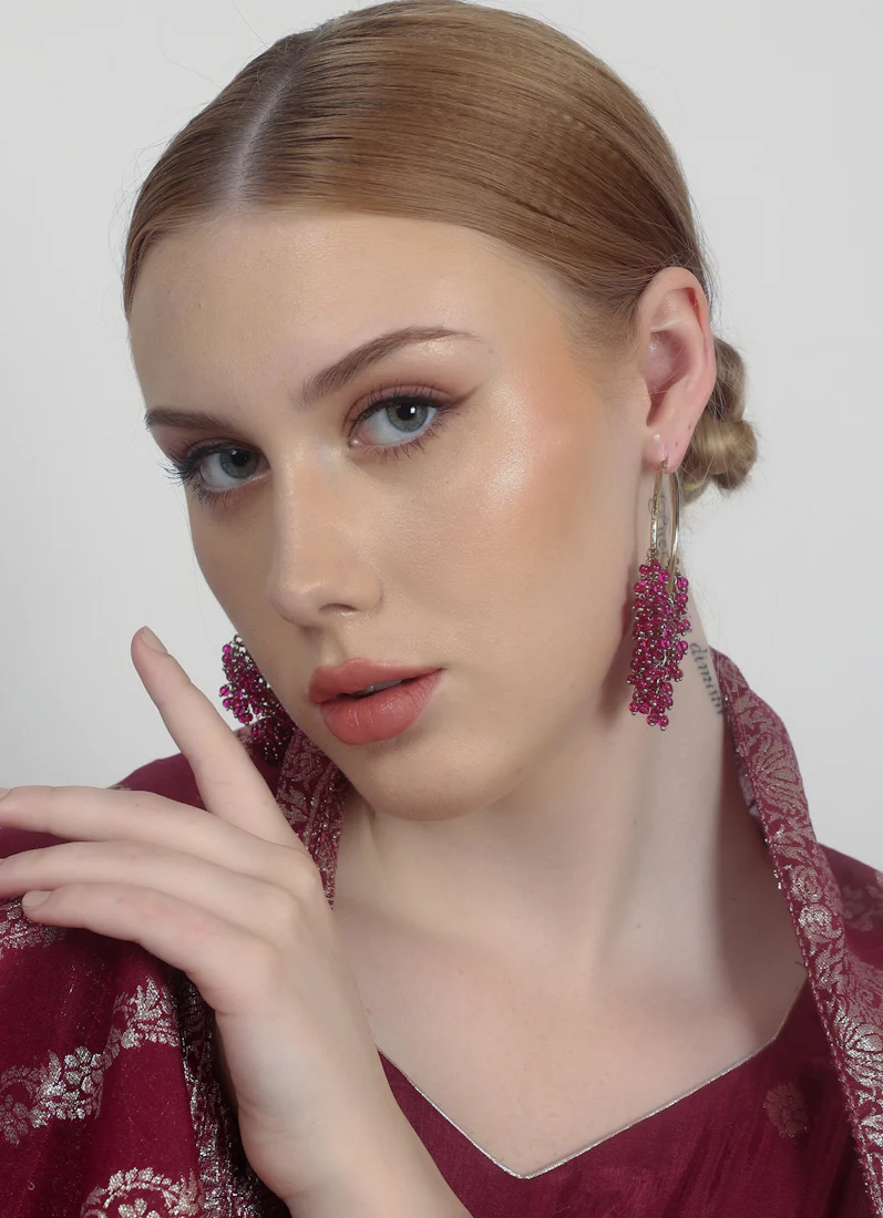 Bali Style Gold Plated Earrings with Wine Beads & Pearls - Image 4