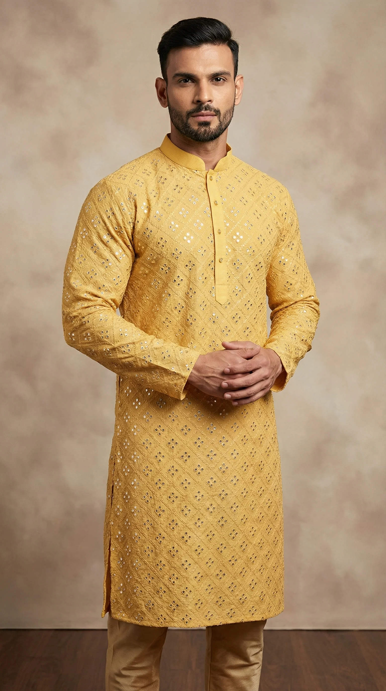 Beige Chikankari Kurta Churidaar Set - Image 2