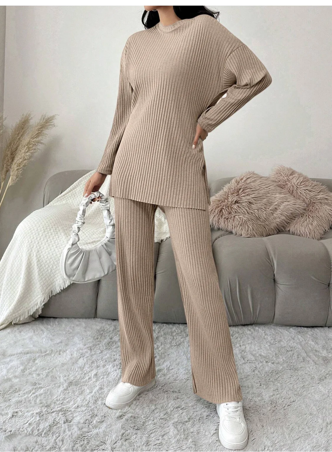 Beige Cotton Ribbed Co-Ord Set - Image 2
