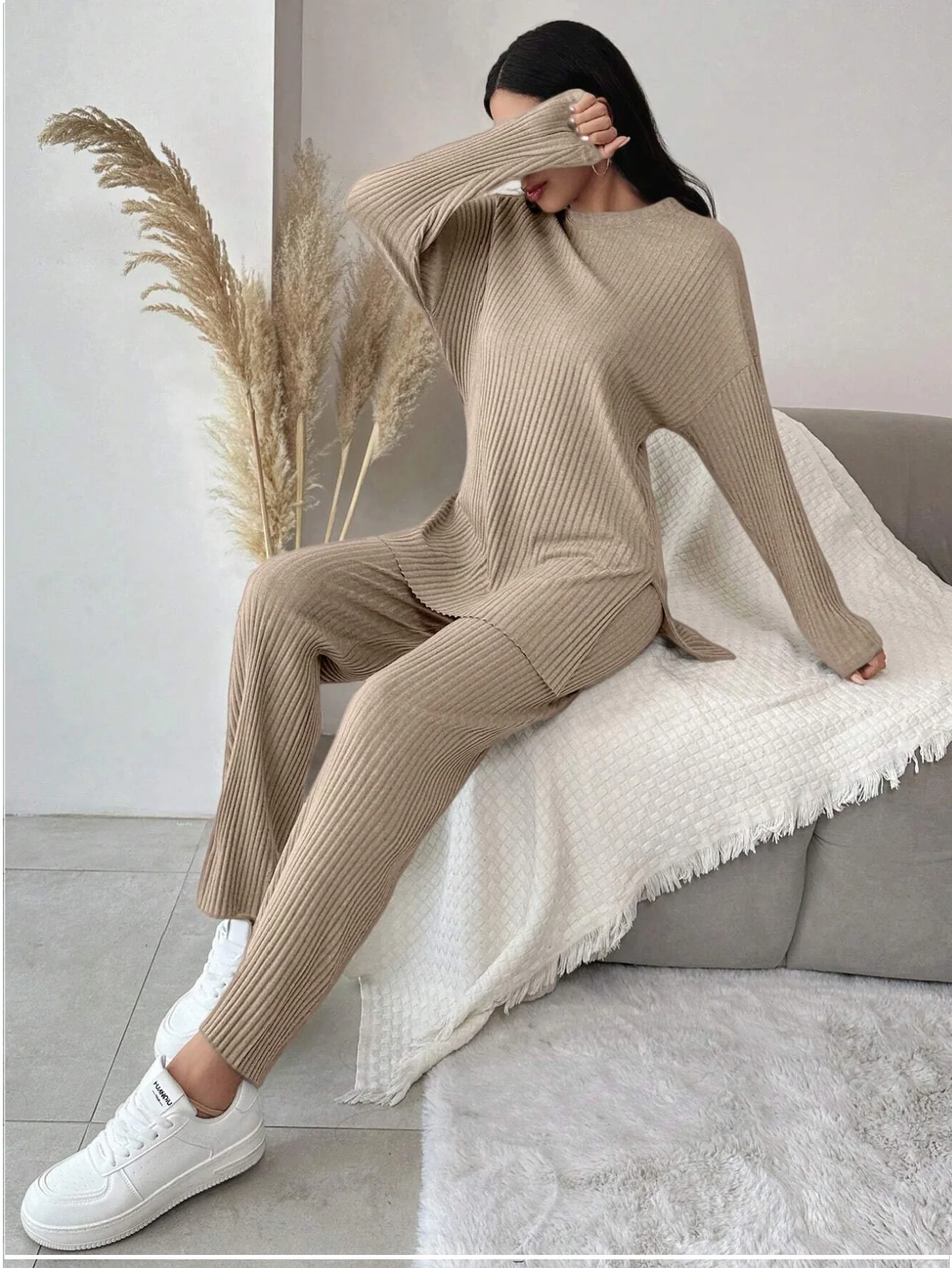 Beige Cotton Ribbed Co-Ord Set - Image 3