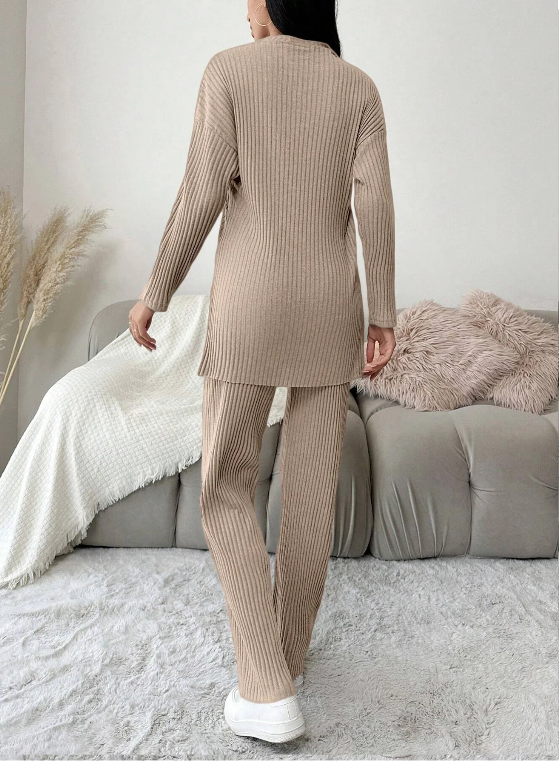 Beige Cotton Ribbed Co-Ord Set - Image 4