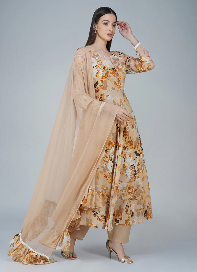 Beige Georgette Bias Cut Suit Set - Image 3