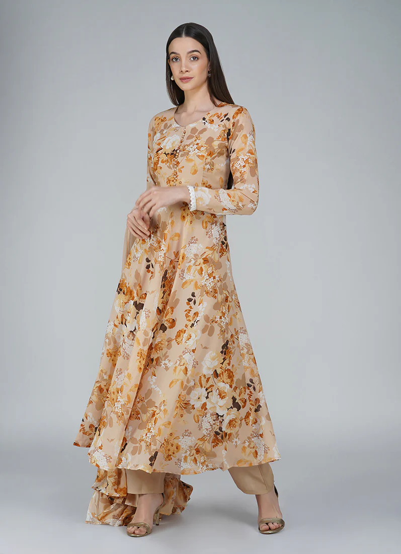 Beige Georgette Bias Cut Suit Set - Image 4