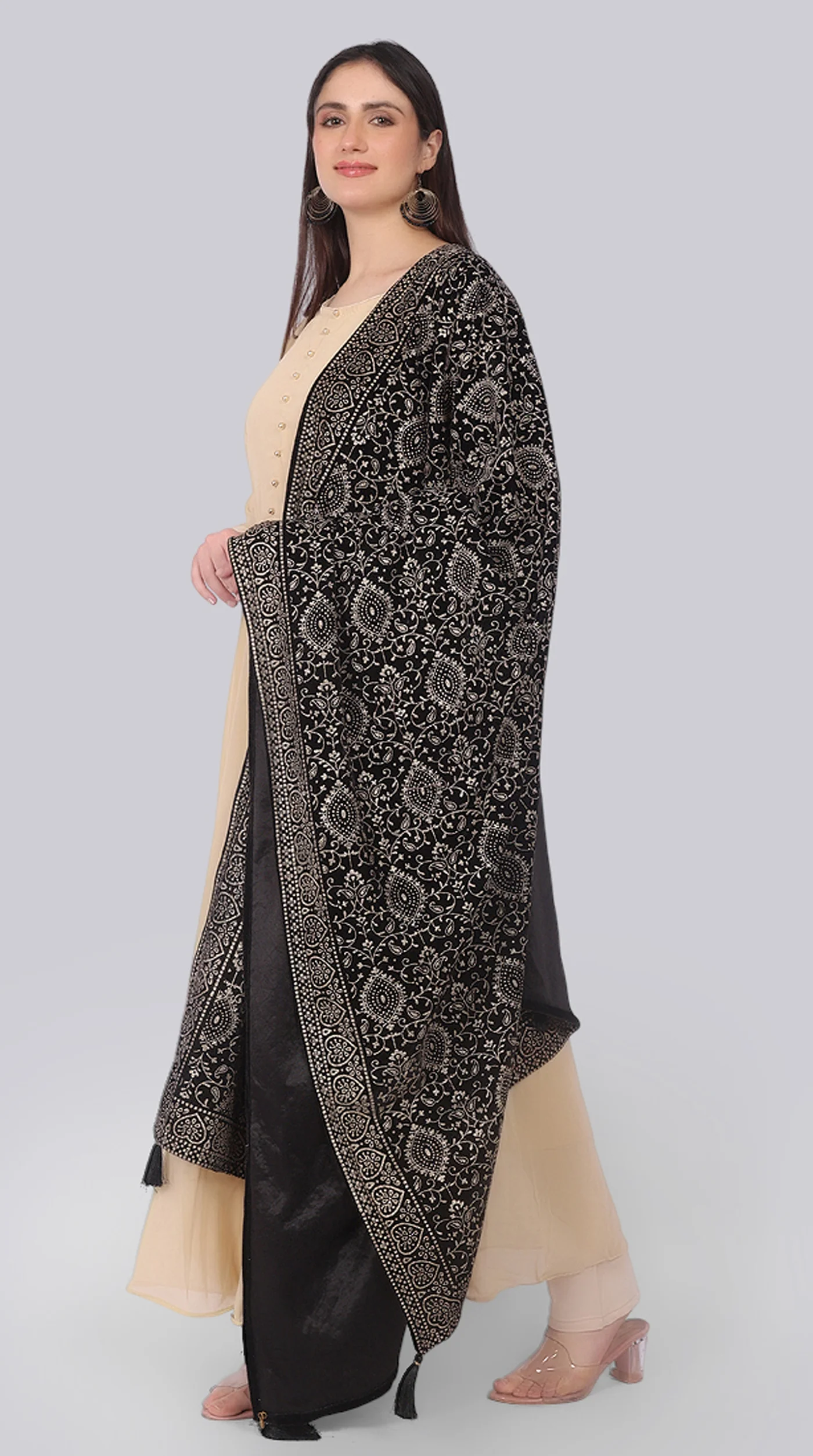 Beige Georgette Bias-Cut Suit Set with Velvet Dupatta - Image 2
