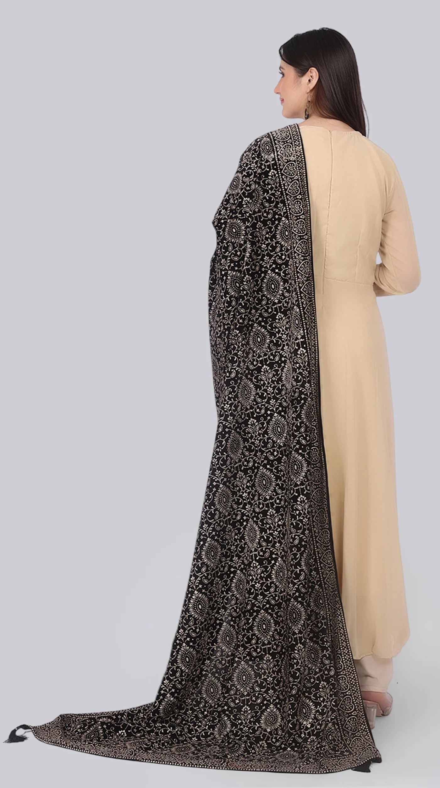 Beige Georgette Bias-Cut Suit Set with Velvet Dupatta - Image 3