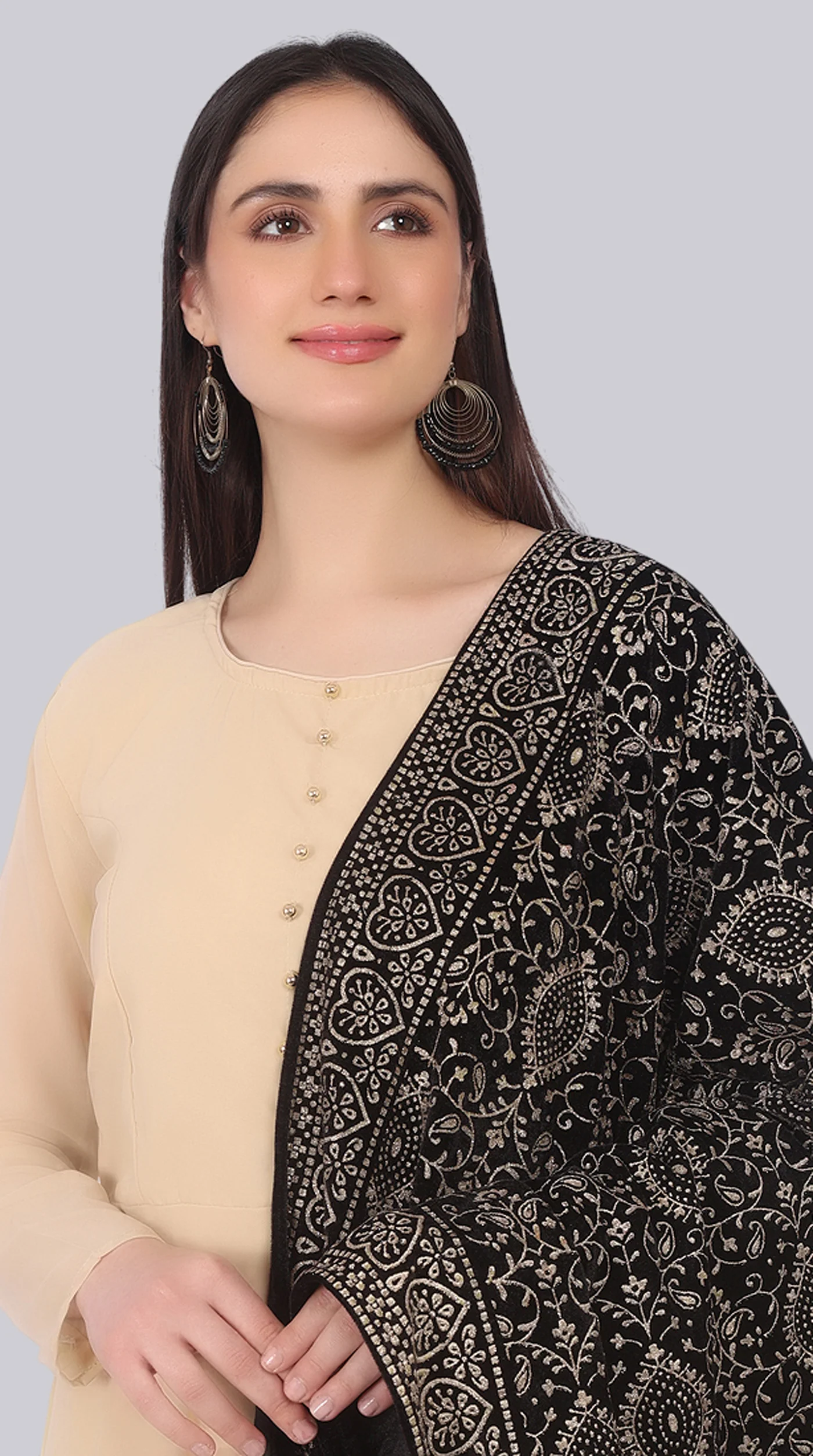 Beige Georgette Bias-Cut Suit Set with Velvet Dupatta - Image 4