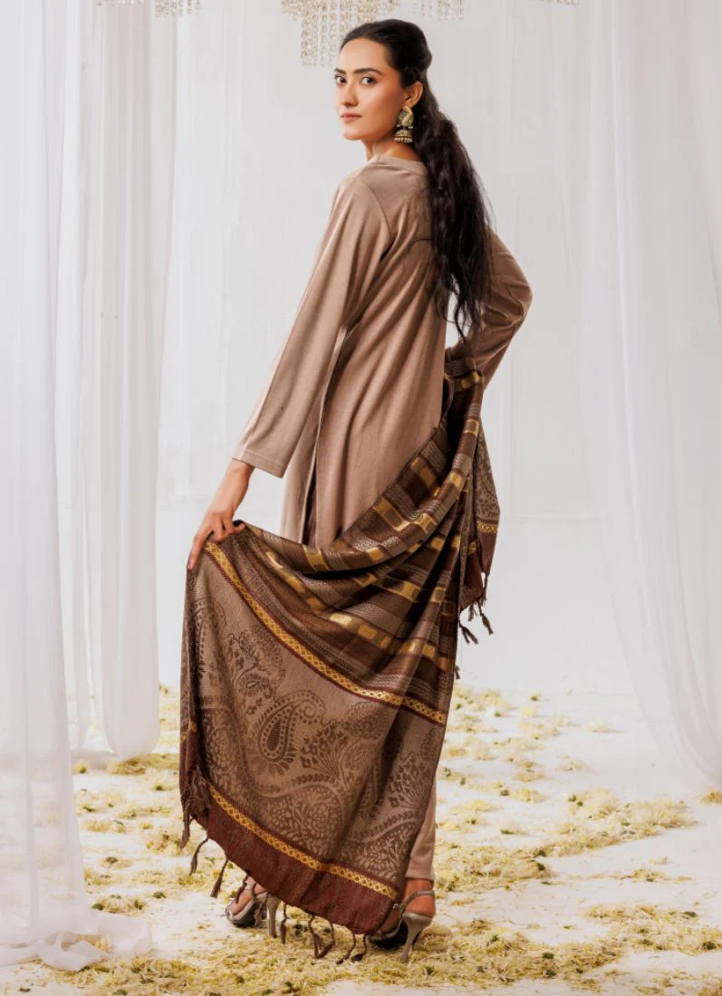 Beige Woollen Knitwear Suits with Dupatta - Image 3