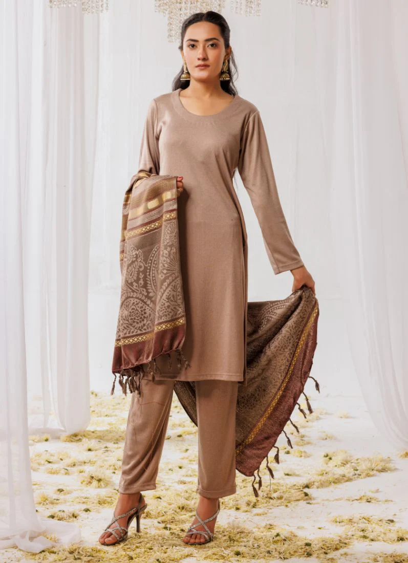 Beige Woollen Knitwear Suits with Dupatta - Image 4