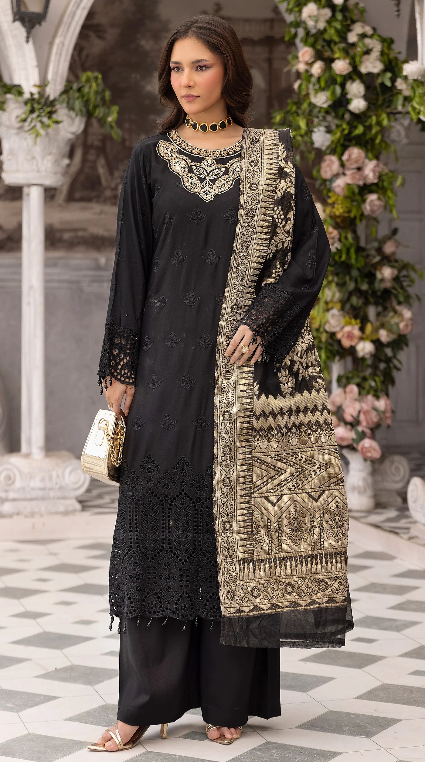 Women’s Black Chikankari Embroidered Suit with Handwork Neckline - Image 2