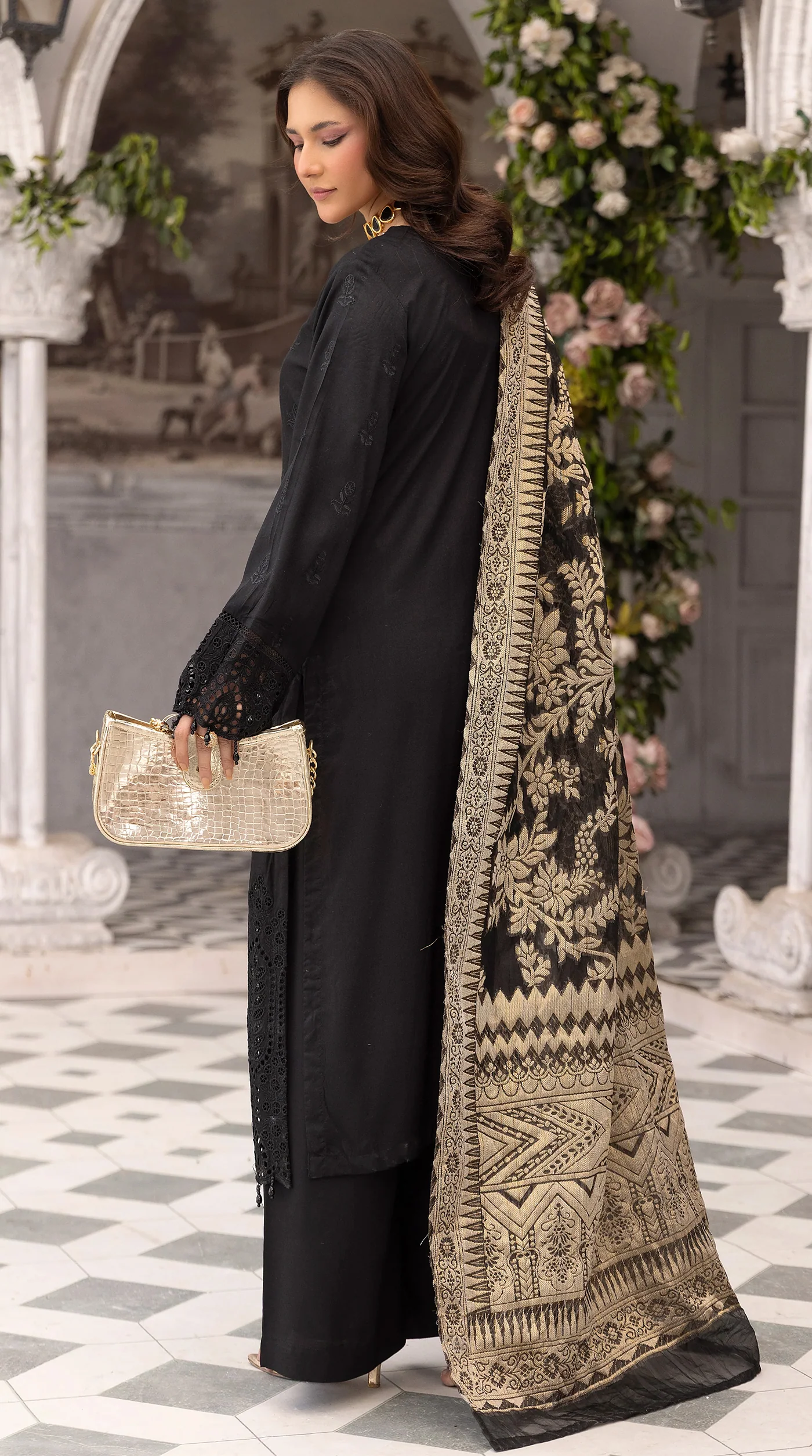 Women’s Black Chikankari Embroidered Suit with Handwork Neckline - Image 3