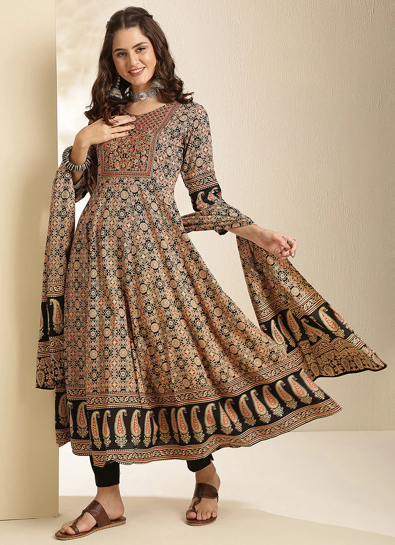 Black Cotton Bias Cut Printed Suit - Image 2