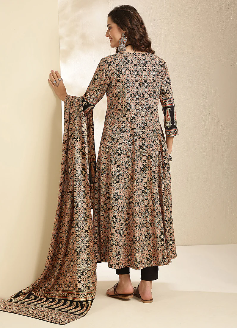 Black Cotton Bias Cut Printed Suit - Image 3