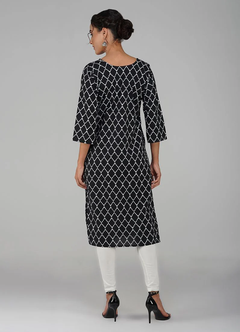 Black Cotton Criss Cross Printed Kurti - Image 3