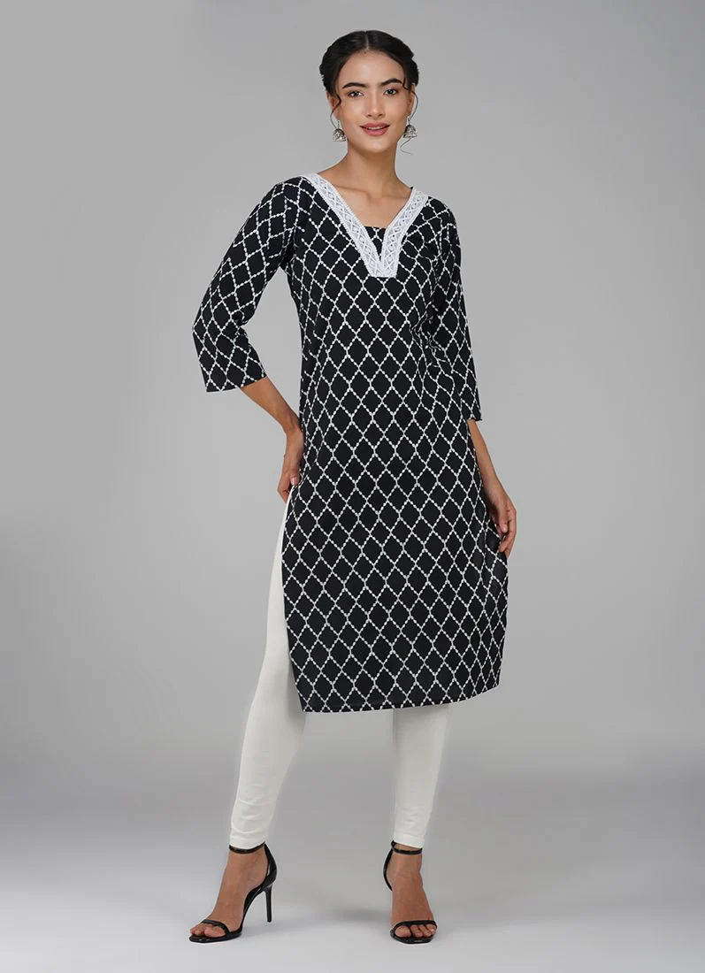Black Cotton Criss Cross Printed Kurti - Image 4