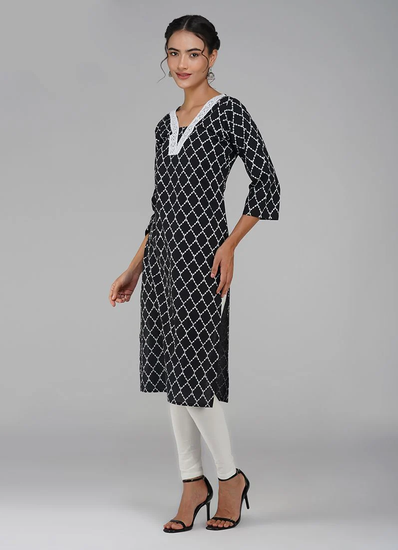 Black Cotton Criss Cross Printed Kurti - Image 5
