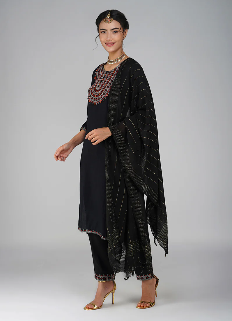 Black Cotton Embroidered Suit Set - Image 3