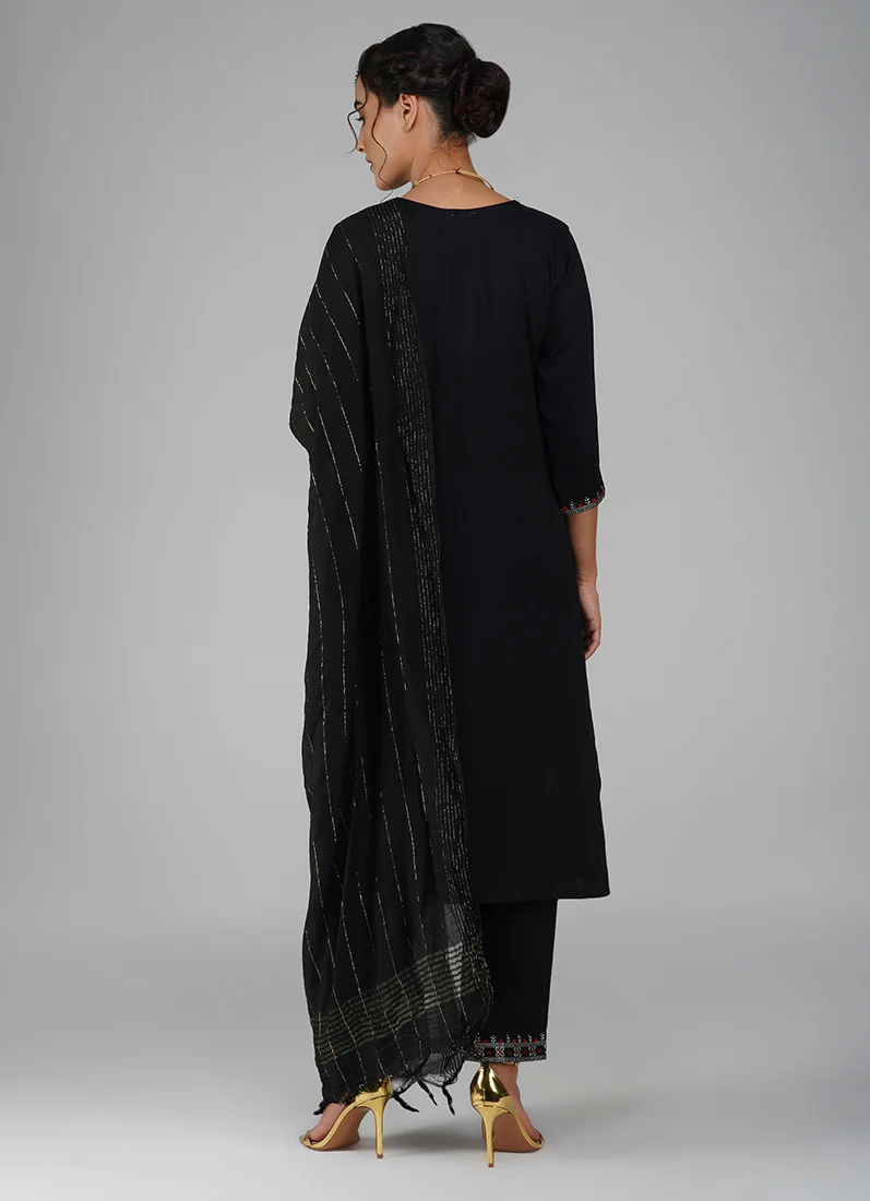 Black Cotton Embroidered Suit Set - Image 5