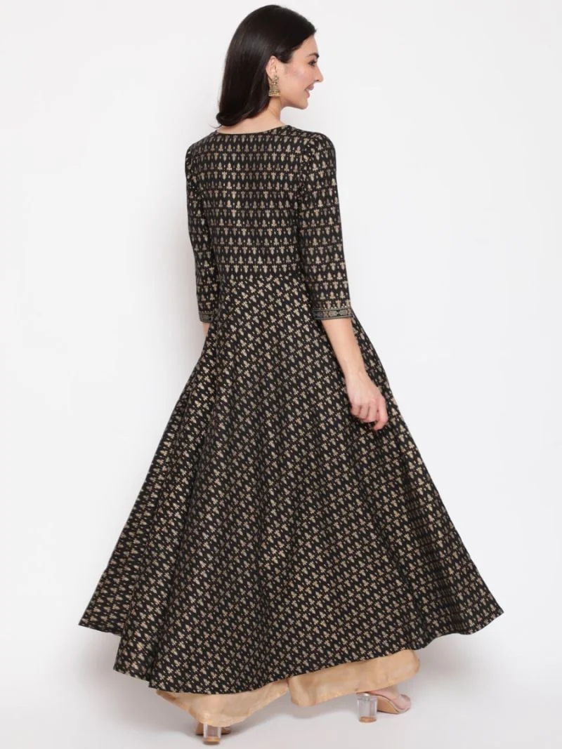 Black Cotton Foil Print Dress - Image 3