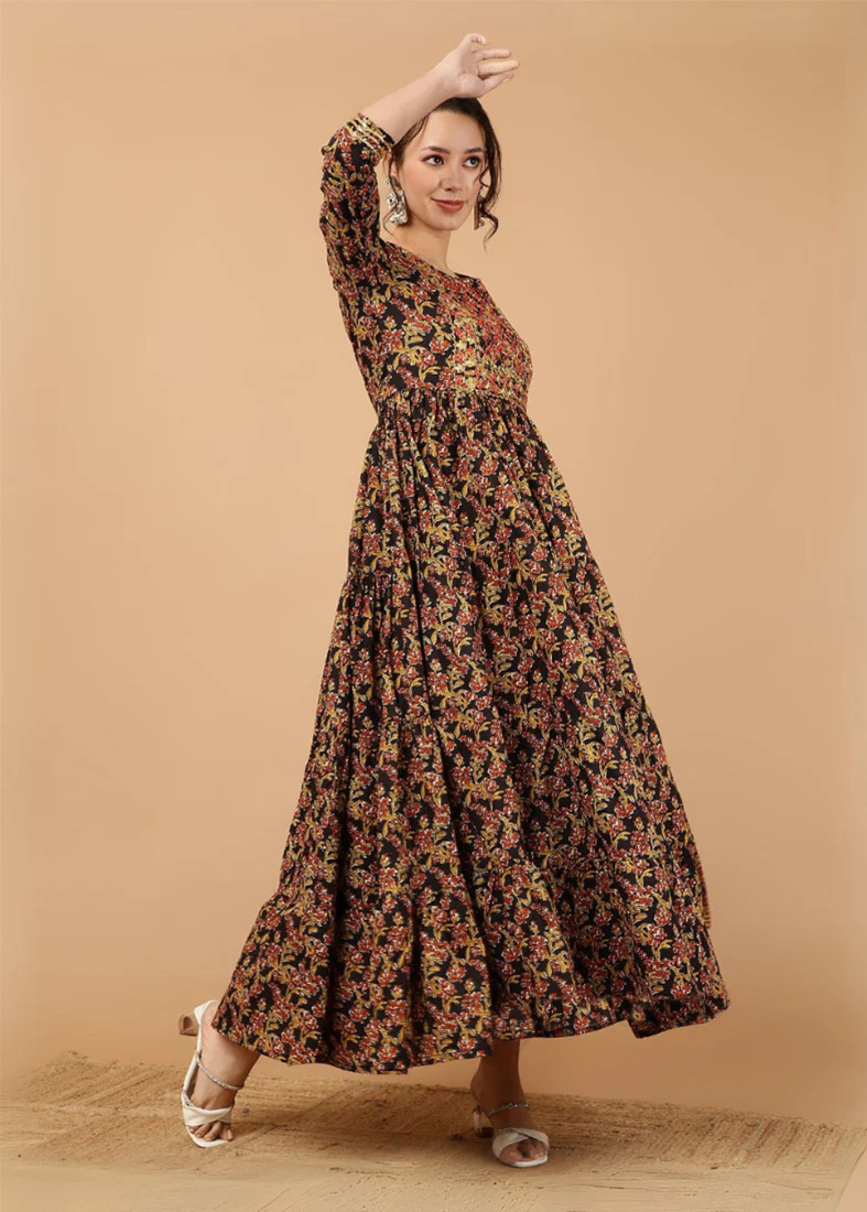 Black Cotton Printed Bias Cut Dress - Image 2
