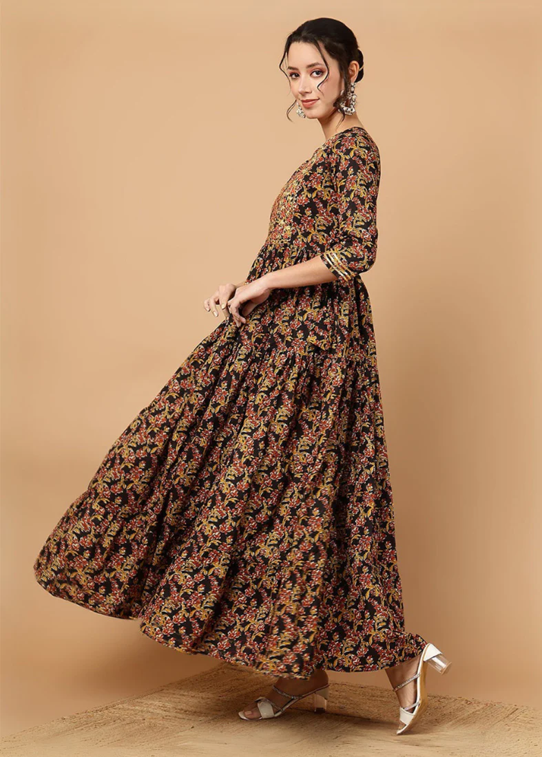 Black Cotton Printed Bias Cut Dress - Image 3