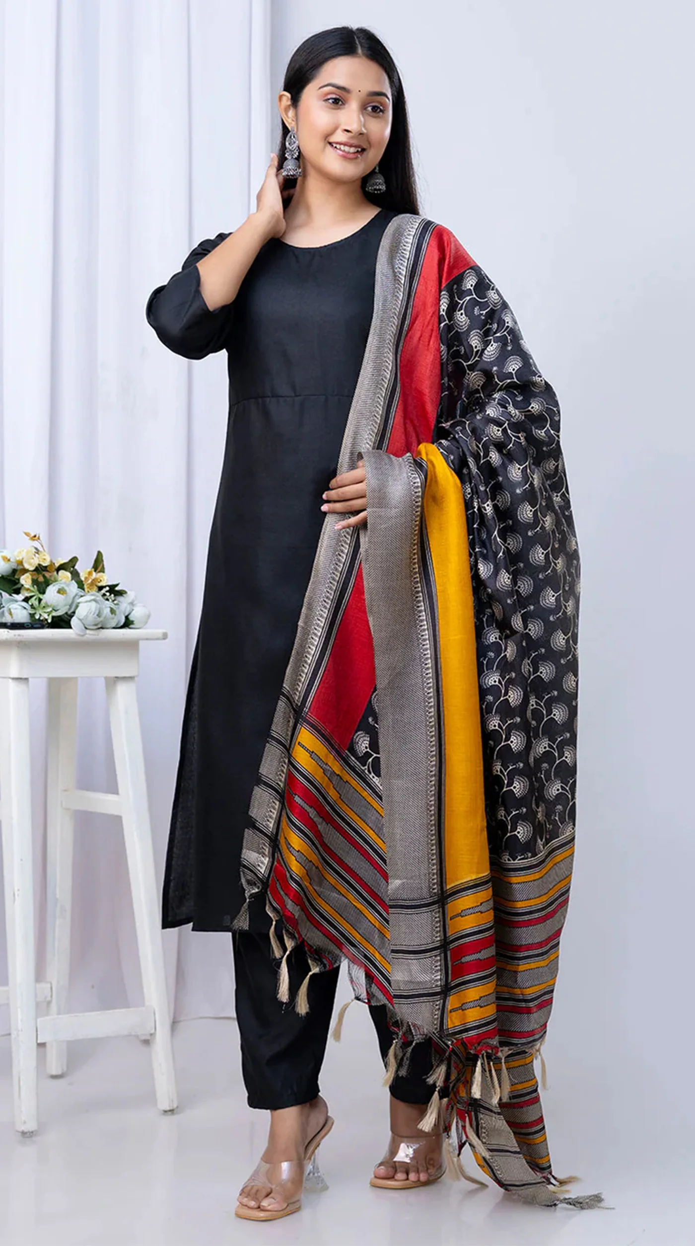 Black Cotton Printed Dupatta Suit Set - Image 2
